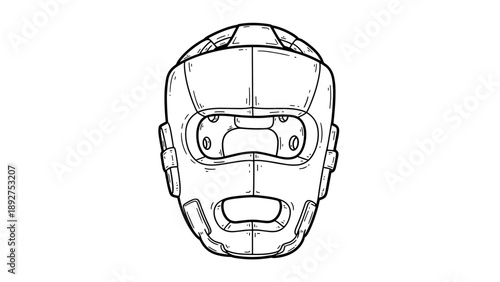 Detailed line drawing of a protective headgear for martial arts training