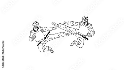 Dynamic martial arts sparring with high-flying kicks in black and white line art