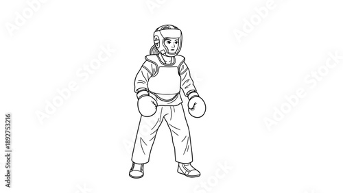Boxing girl in sparring gear: black and white outline art
