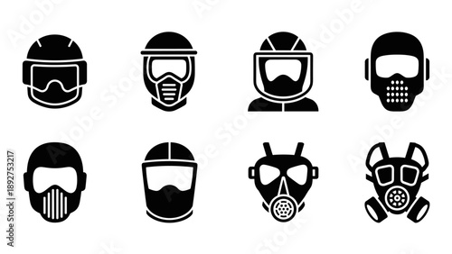 Collection of protective helmet and mask icons in minimalist black silhouette style