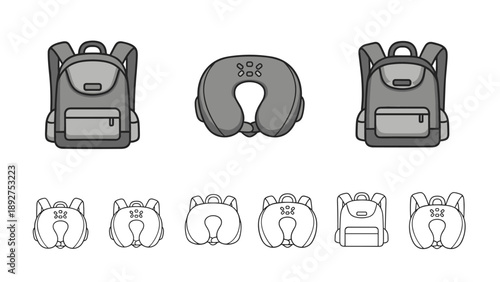 Travel essential set featuring backpacks and neck pillows in linear style