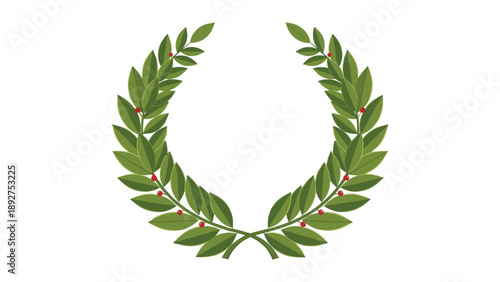 Classic green laurel wreath with red berries on white background