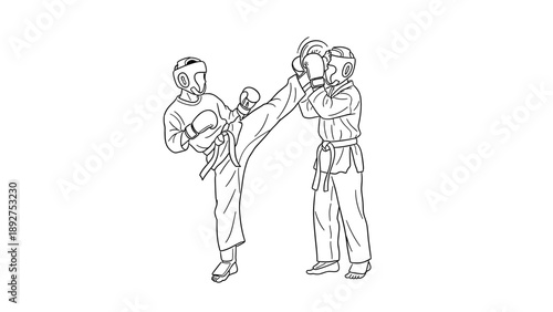 Karate fighters sparring in line art: martial arts training and kick