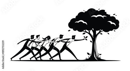 People running towards tree in black silhouette teamwork and environmental conservation concept