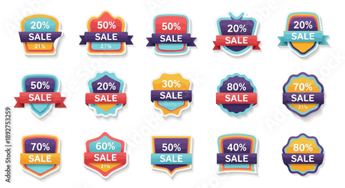 Collection of colorful sale stickers and badges.