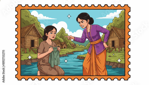 Emotional moment between two women by a river in a village in stamp