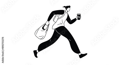 Person rushing with coffee and bag in hand on the go