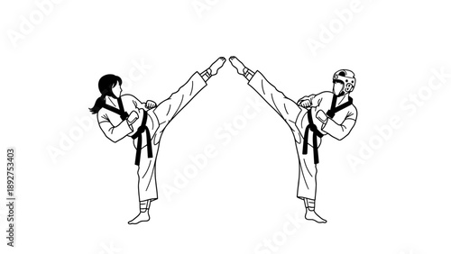 Karate training: male and female practicing high kicks in martial arts attire