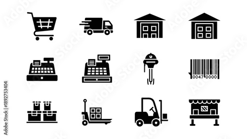 Essential warehouse and retail icons for modern commerce solutions