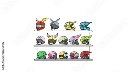Colorful motorcycle helmets on display shelves with unique designs