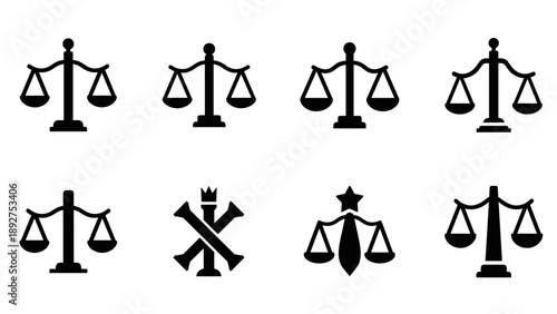 Set of scales of justice icons featuring creative silhouette designs for legal themes