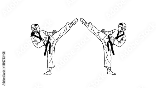 Martial arts sparring: symmetrical karate fighters in high kick pose