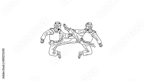 Dynamic martial arts sparring match with high jump kicks in black and white line art