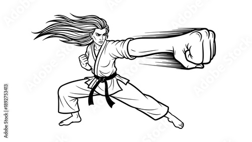 Dynamic martial arts pose: black belt woman in action with flowing hair
