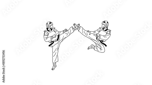 Dynamic taekwondo sparring scene featuring athletes in mid-air kick with protective gear