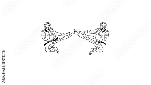 Karate competitors in dynamic high kick pose in line art style