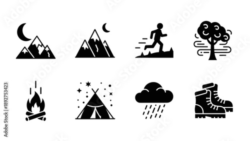 Adventure icons: hiking, camping, and nature in bold silhouettes