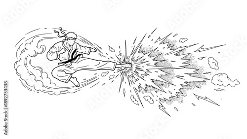 Dynamic martial artist in action with explosive energy and power lines