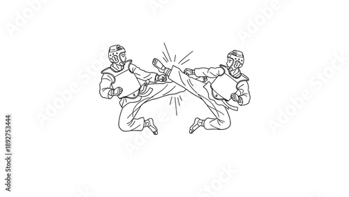 Martial arts sparring match: dynamic karate fighters in mid-air kick