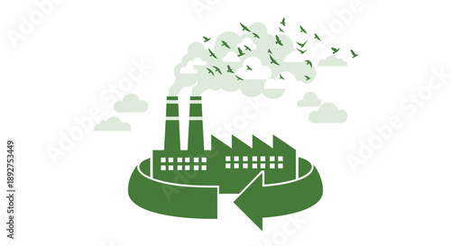 Eco friendly factory with green recycling arrow and birds flying out of smokestack emission
