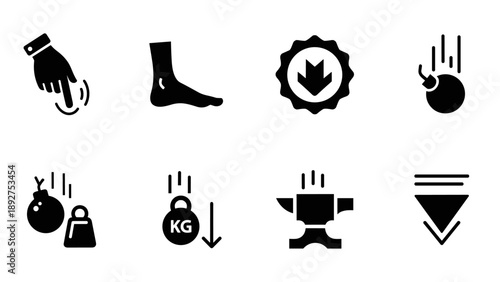 Silhouette icons of falling objects and safety symbols in black and white