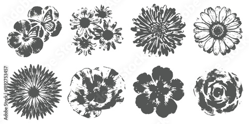Collection of hand-drawn distressed black and white floral vector illustrations featuring various bloom designs for decorative projects.