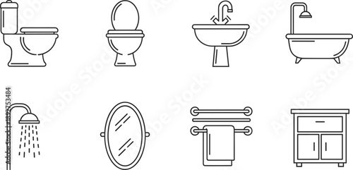 Set of eight bathroom fixture icons including toilet, sink, shower, mirror, towel rack, and cabinet for interior, planning, and design themes
