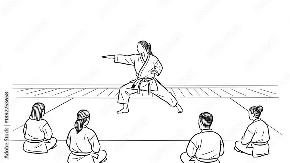 Fototapeta premium Karate instructor demonstrating kata in dojo to students in traditional uniforms