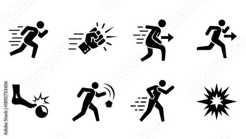 Dynamic silhouette icons of running, punching, and exploding for motion and action concepts
