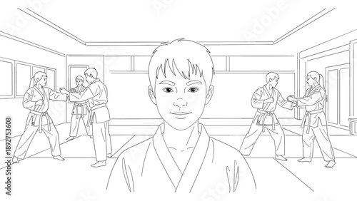 Karate class training: youth and instructors in dojo setting