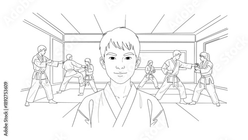 Karate training session with diverse students in linear style dojo environment