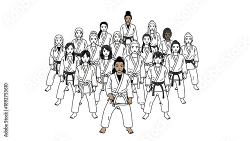 Diverse group of martial artists in karate uniforms standing together