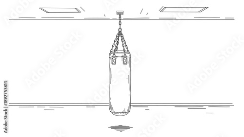 Minimalist linear boxing gym with hanging punching bag