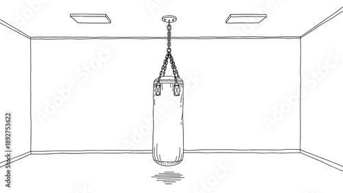 Minimalist line art of a boxing gym with hanging punching bag