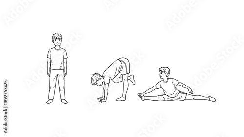 Minimalist line art of a boy practicing yoga poses and stretching