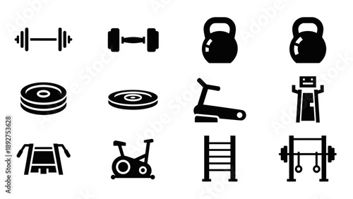 Silhouette icons of gym equipment including weights, treadmill, and more