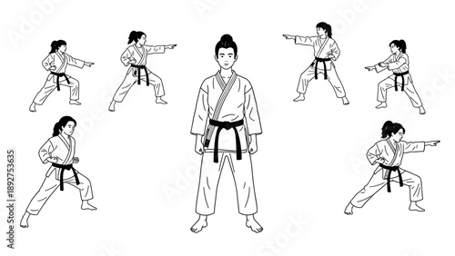 Karate practice sequence featuring diverse techniques in black and white