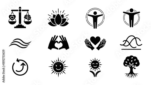 Minimalist black and white wellness icons: balance, harmony, and nature