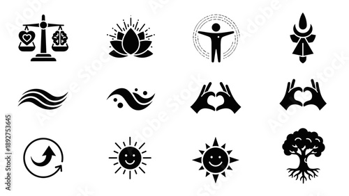 Symbolic icons set: balance, meditation, energy, harmony, and growth