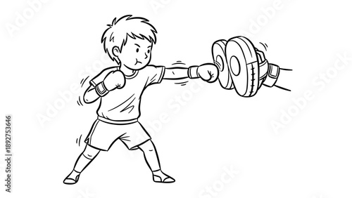 Young boxer practicing punches with trainer in dynamic outline drawing