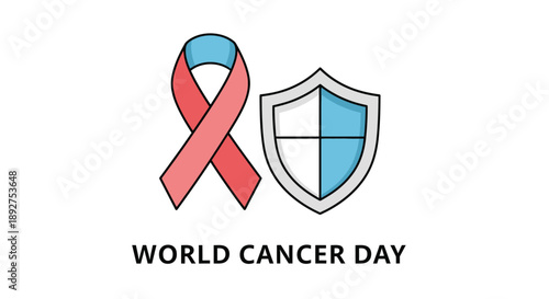 World Cancer Day illustration featuring a red ribbon and shield symbolizing protection and awareness