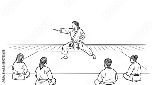 Karate instructor demonstrating kata in dojo to students in traditional uniforms
