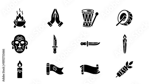 Traditional cultural symbols and tools in simple black silhouette icons