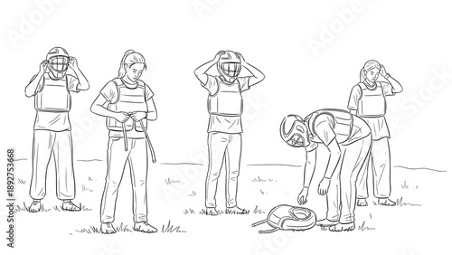 Women practicing kendo in protective gear on a field