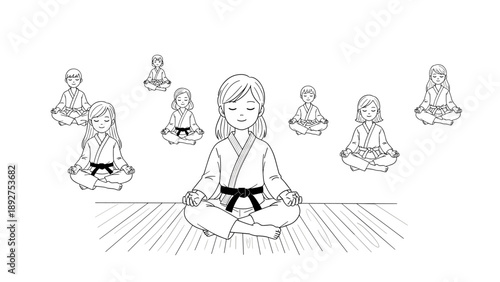 Kids meditating in karate uniforms: peaceful group practicing mindfulness