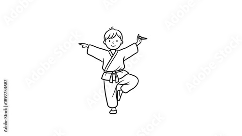 Child practicing karate pose in black and white outline drawing