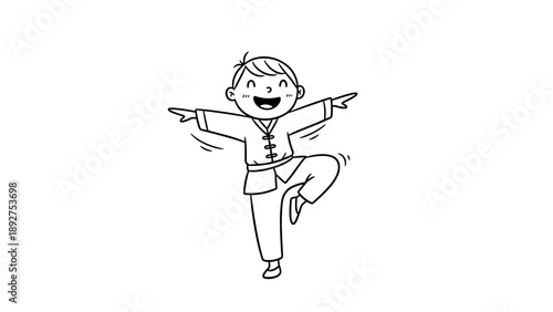 Happy kid practicing martial arts in simple line drawing style