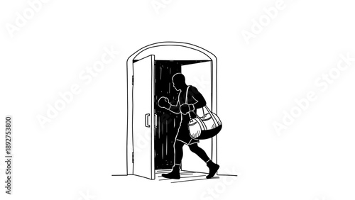 Silhouette boxer entering gym through doorway with gym bag in hand