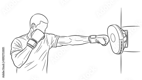 Boxer training with punching pad: outline drawing of a man practicing boxing techniques