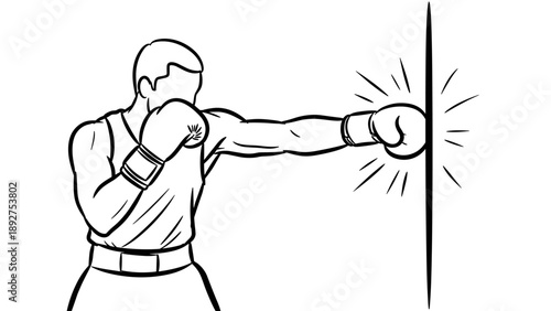 Boxer punching a wall in dynamic black and white line art